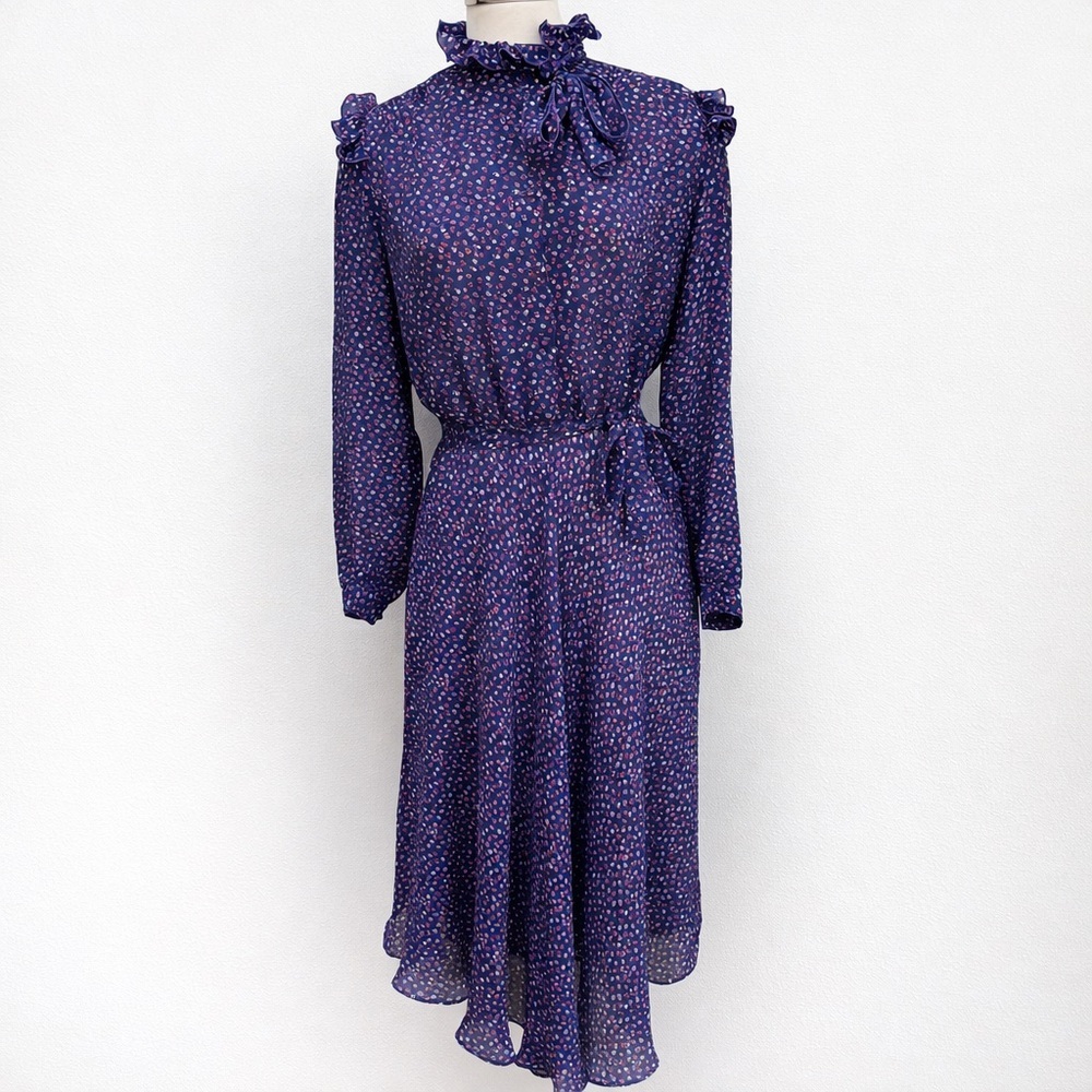 Neiman Marcus Midi Dress Vintage Robbie Bee Ruffle Neck Tie Floral Navy Medium